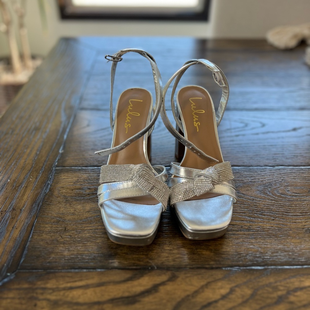 Lulus Nero Silver Rhinestone Knotted High Heels, Size 8